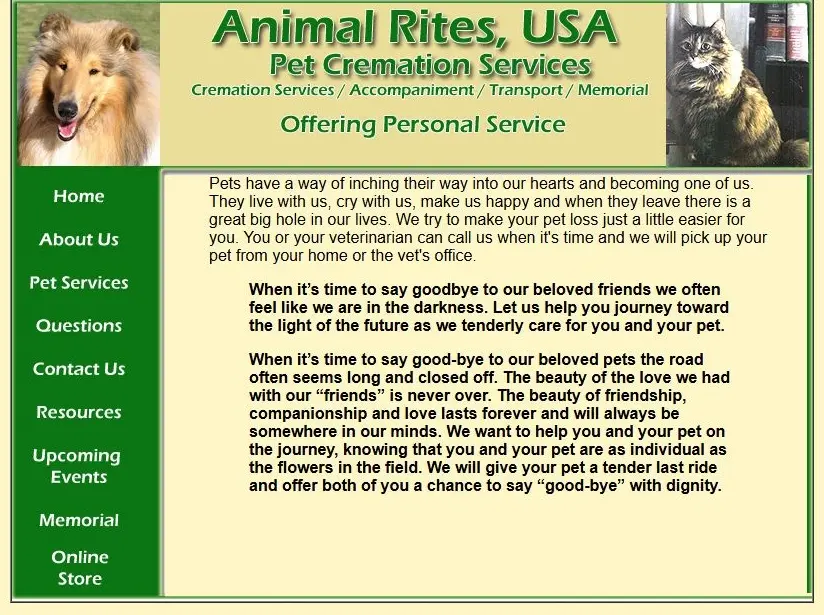 Banner for Animal Rites, Usa Pet Cremation Services; Dog on the Left, Cat on the Right, with a Green Vertical Navigation Menu on the Left. Banner for Animal Rites, Usa Pet Cremation Services; Dog on the Left, Cat on the Right, with a Green Vertical Navigation Menu on the Left.