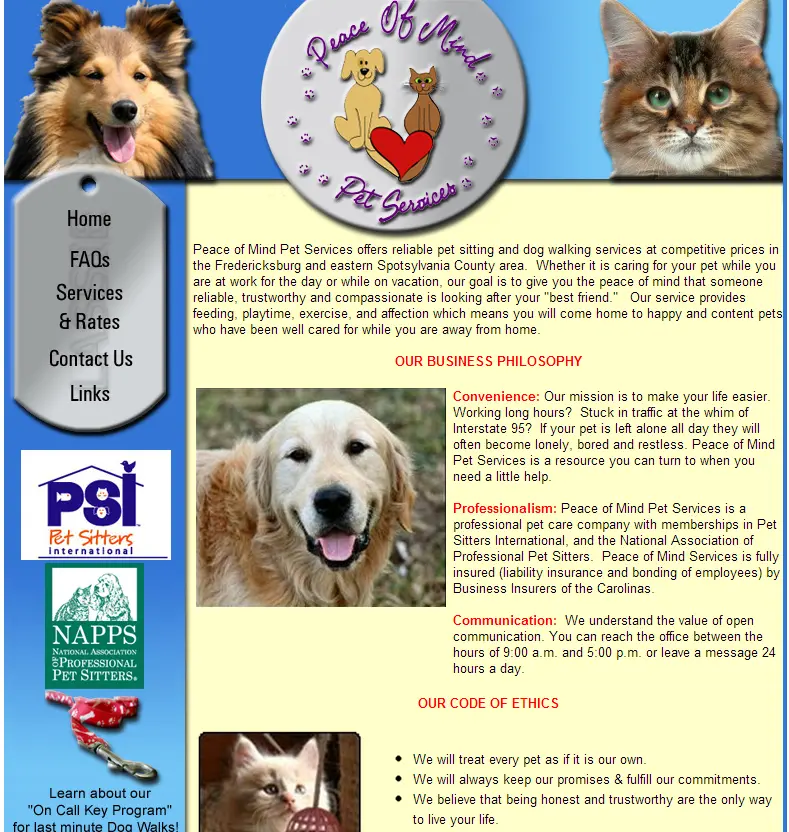 a Screenshot of Peace of Mind Pet Services Website from 2006 a Screenshot of Peace of Mind Pet Services Website from 2006