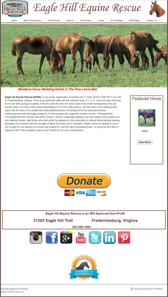 a Screenshot of Eagle Hill Equine Rescue Homepage from 2012 a Screenshot of Eagle Hill Equine Rescue Homepage from 2012