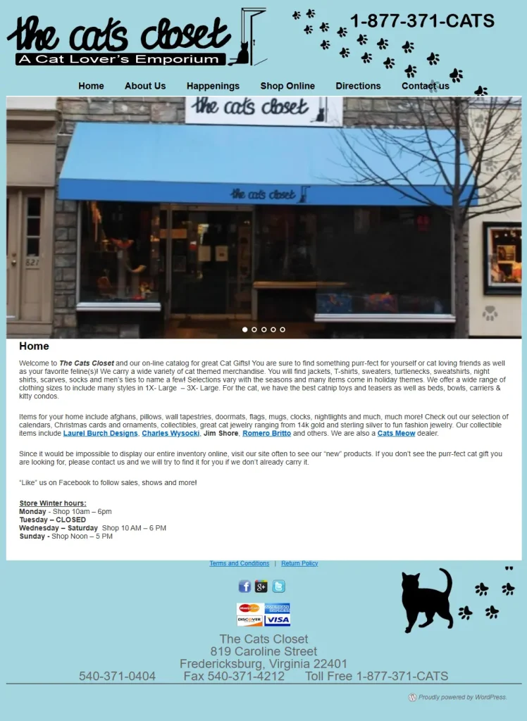 a Screenshot of the Cats Closet Website from 2014 a Screenshot of the Cats Closet Website from 2014