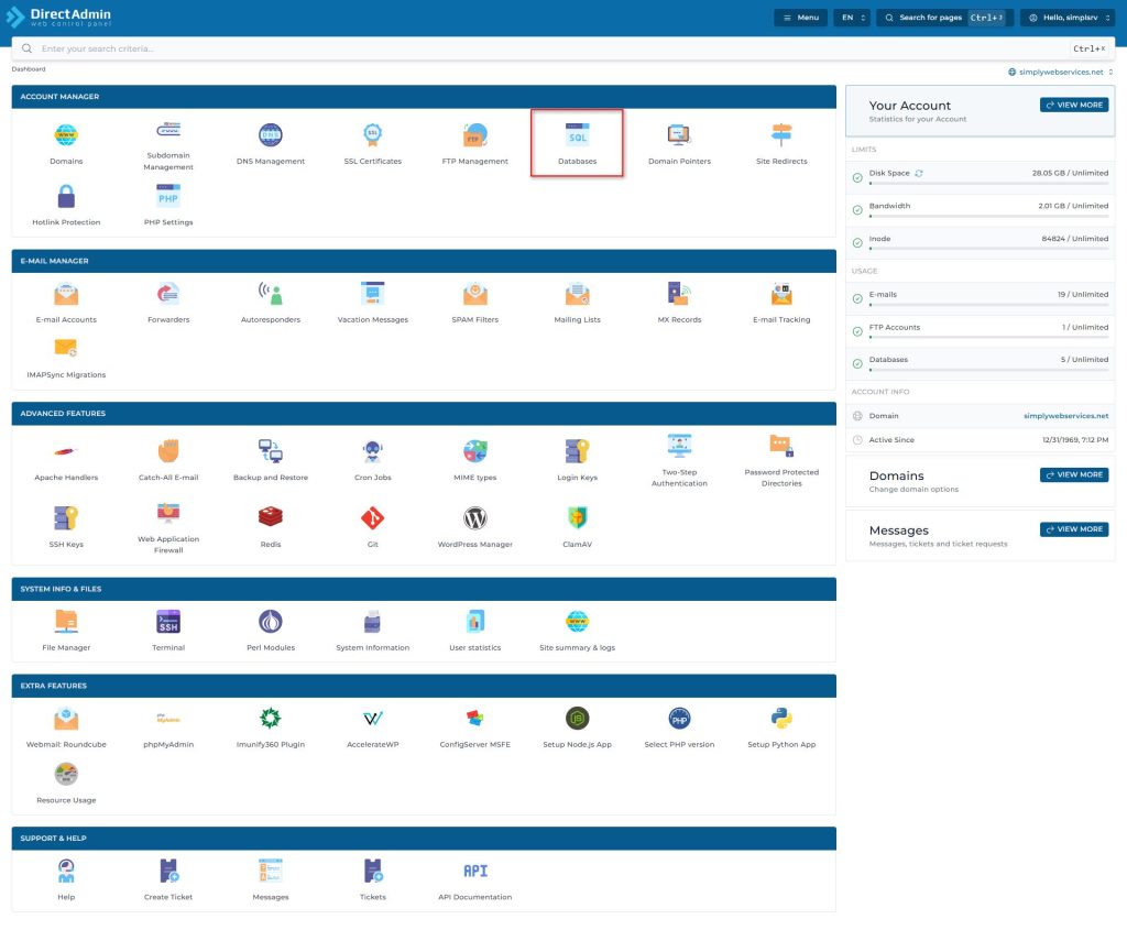 Screengrab of Directadmin (user), Showing Directadmin "databases" Menu Location Under Account Management Screengrab of Directadmin (user), Showing Where "databases" is Located
