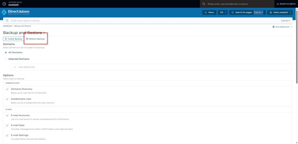 Directadmin Restore Backup