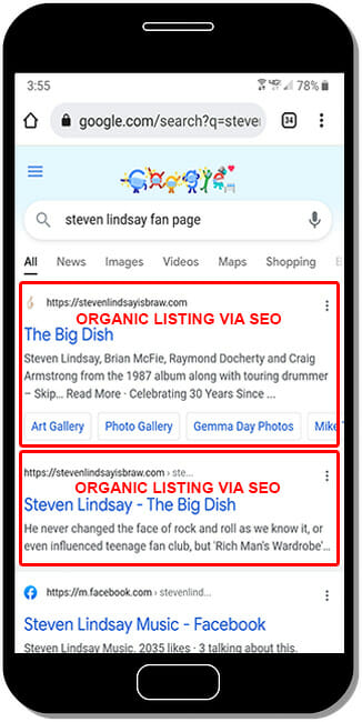 Real search results for steven lindsay fan page after Search Engine Optimization (SEO)