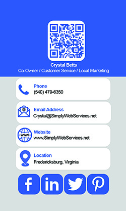 Contact Card for Crystal Betts with Qr Code, Phone, Email, Website, Fredericksburg, Va, and Social Icons. Contact Card for Crystal Betts with Qr Code, Phone, Email, Website, Fredericksburg, Va, and Social Icons.