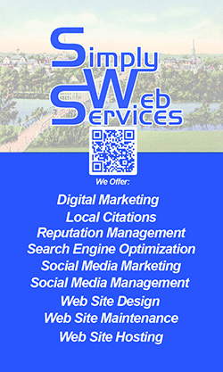 Simply Web Services Logo with a Qr Code Above a Blue Panel Listing Offerings: Digital Marketing, Local Citations, Reputation Management, Seo, Social Media Marketing, Web Design, and Hosting. Simply Web Services Logo with a Qr Code Above a Blue Panel Listing Offerings: Digital Marketing, Local Citations, Reputation Management, Seo, Social Media Marketing, Web Design, and Hosting.