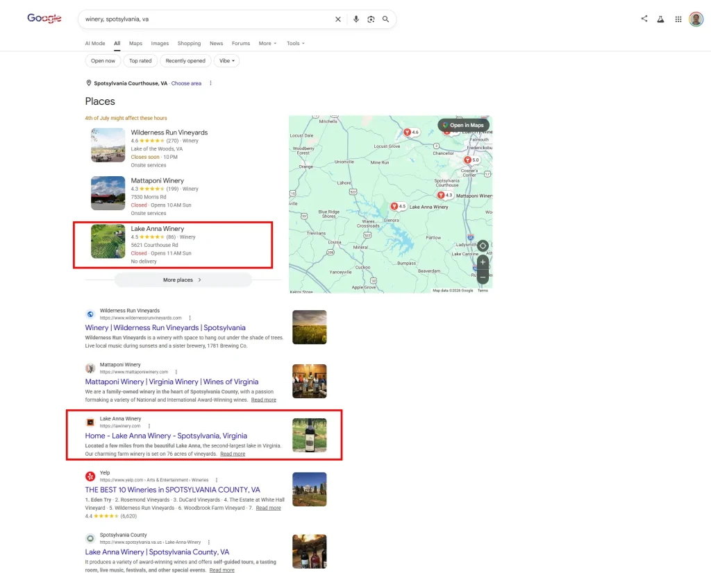Lake Anna Winery Google Serps