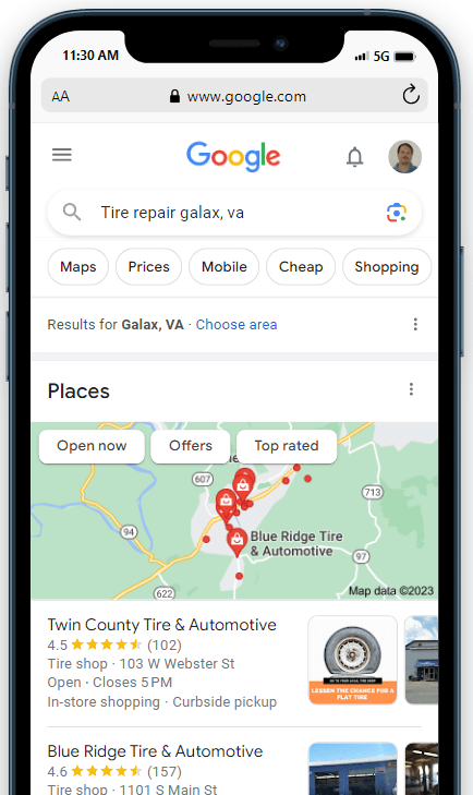 Tire Repair Search in Galax, Virginia on a Smartphone