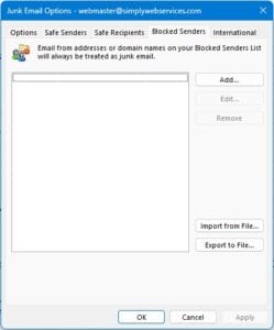 Blocked Senders Tab