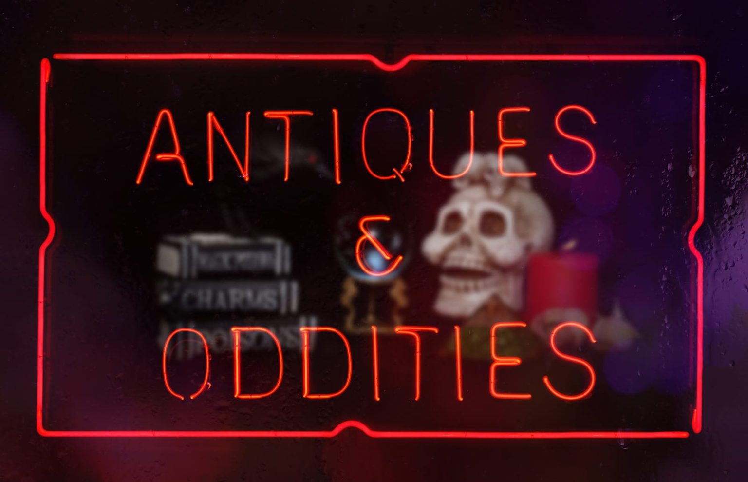 Antiques and Oddities Neon Sign in Shop Window