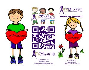 Cartoon Children Hold a Banner Reading Unmasked; a Purple Qr Code and Unmasked Branding Sit Beside, with Contact Info Below. Cartoon Children Hold a Banner Reading Unmasked; a Purple Qr Code and Unmasked Branding Sit Beside, with Contact Info Below.
