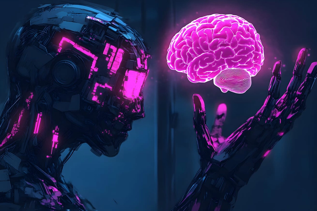 Futuristic Robot with a Glowing Pink Brain Hovering Above Its Mechanical Hand in a Dark Blue Setting Futuristic Robot with a Glowing Pink Brain Hovering Above Its Mechanical Hand in a Dark Blue Setting