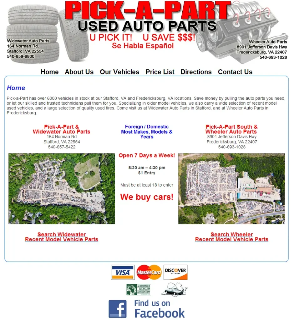 a Screenshot of the Pick-a-part Homepage from 2012