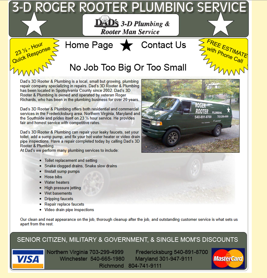 a Screengrab of the 3d Roger Rooter Plumbing Homepage from 2011 - Designed by Simply Web Services of Fredericksburg, Va