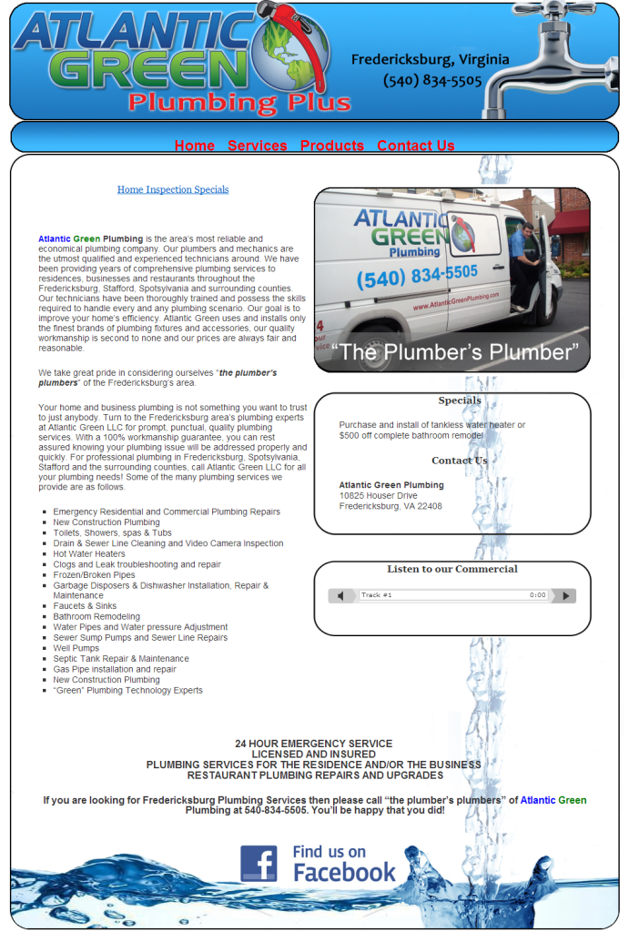 a Screengrab of the Atlantic Green Plumbing Homepage from 2014 - Designed by Simply Web Services of Fredericksburg, Va