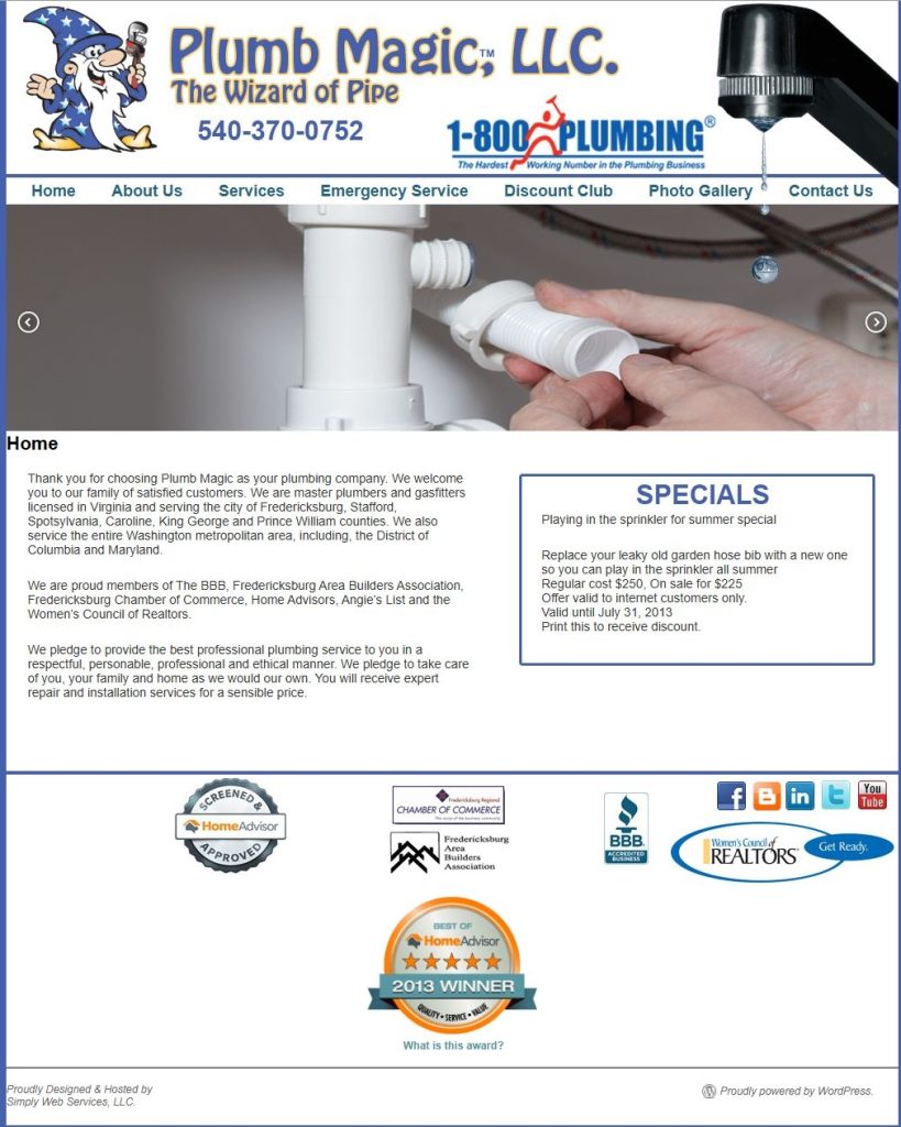 a Screengrab of the Plumb Magic Llc Homepage from 2014 - Designed by Simply Web Services of Fredericksburg, Va