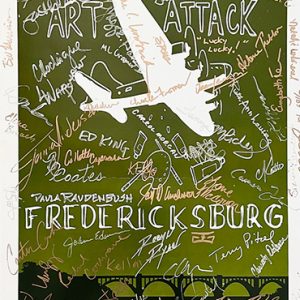 Poster Art with Handwritten Signatures over a Green Gradient Background and White Diagonal Ribbons; Prominently Features the Word 'fredericksburg'.