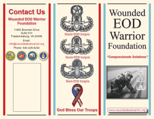 Three-panel banner for the Wounded EOD Warrior Foundation: left panel lists contact info (address, email, phone); middle panel displays Master EOD Insignia; right panel shows a large 'Wounded EOD Warrior Foundation' title.