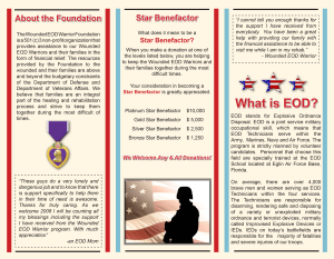 Three-column charity poster explaining the Wounded EOD Warrior Foundation with sections: About the Foundation, Star Benefactor, and What is EOD?