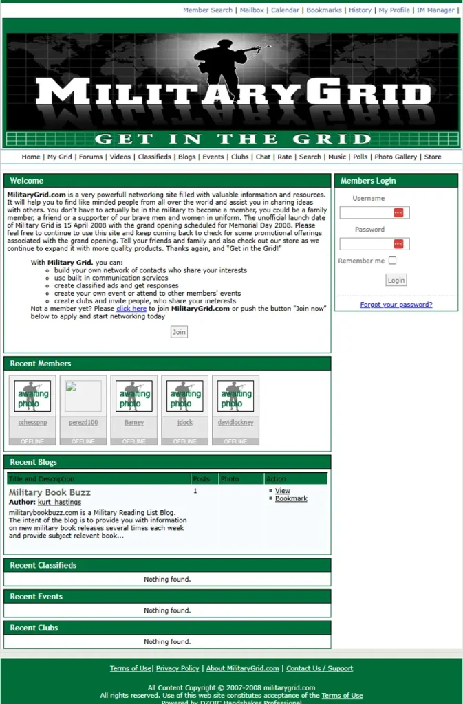 a Screengrab of the Military Grid Homepage from 2008 - Designed by Simply Web Services of Fredericksburg, Va