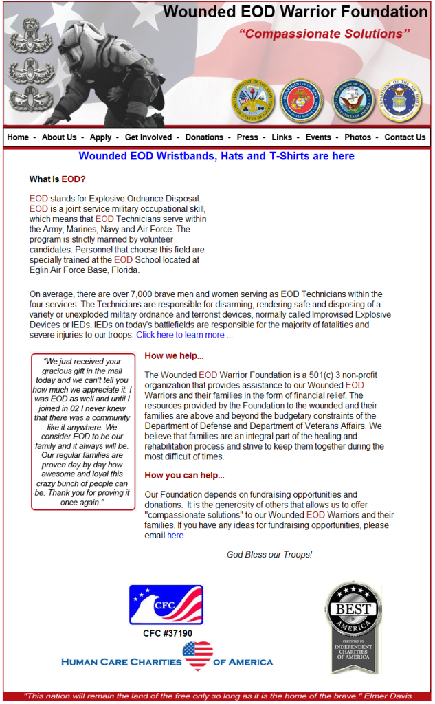 a Screengrab of the Wounded Eod Warrior Homepage from 2008 - Designed by Simply Web Services of Fredericksburg, Va